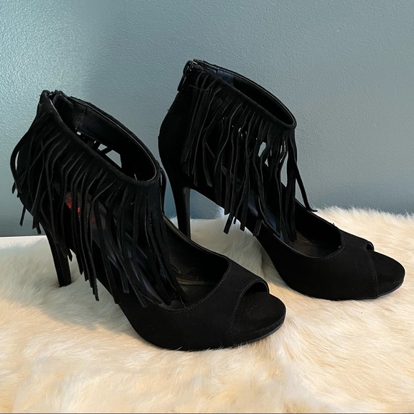 Bongo Black Suede Fringe Heels - Picture 12 of 13